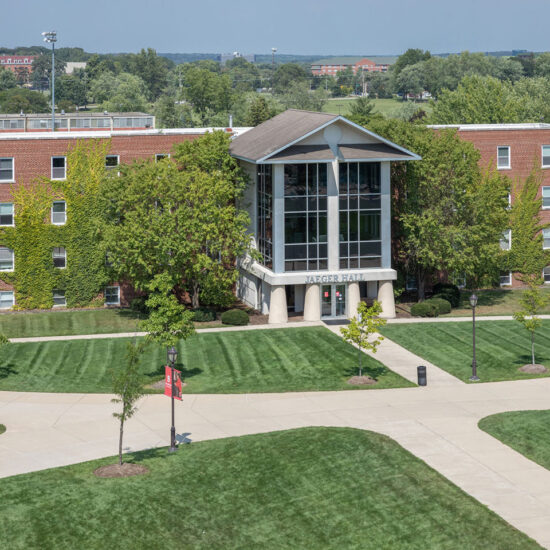 Overhead view of Jaeger Hall and quad