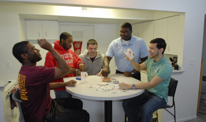 Group of students in Founders Woods apartment
