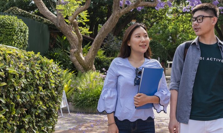 International students walking on campus