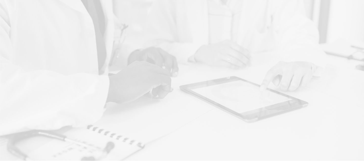 hands of medical professionals working on an iPad; image has white overlay; Allied Health Programs