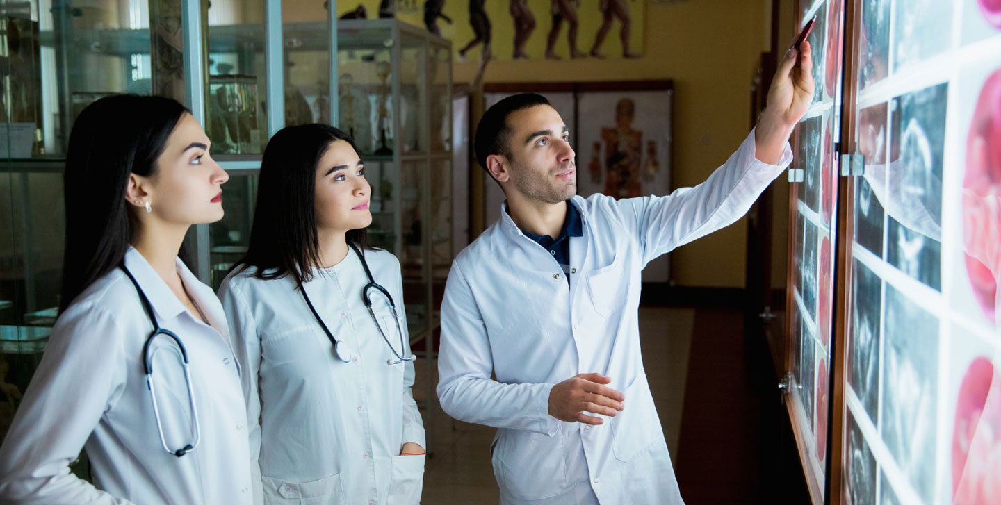 medical professionals looking at x-ray images hanging on light board; diagnostic medical sonography