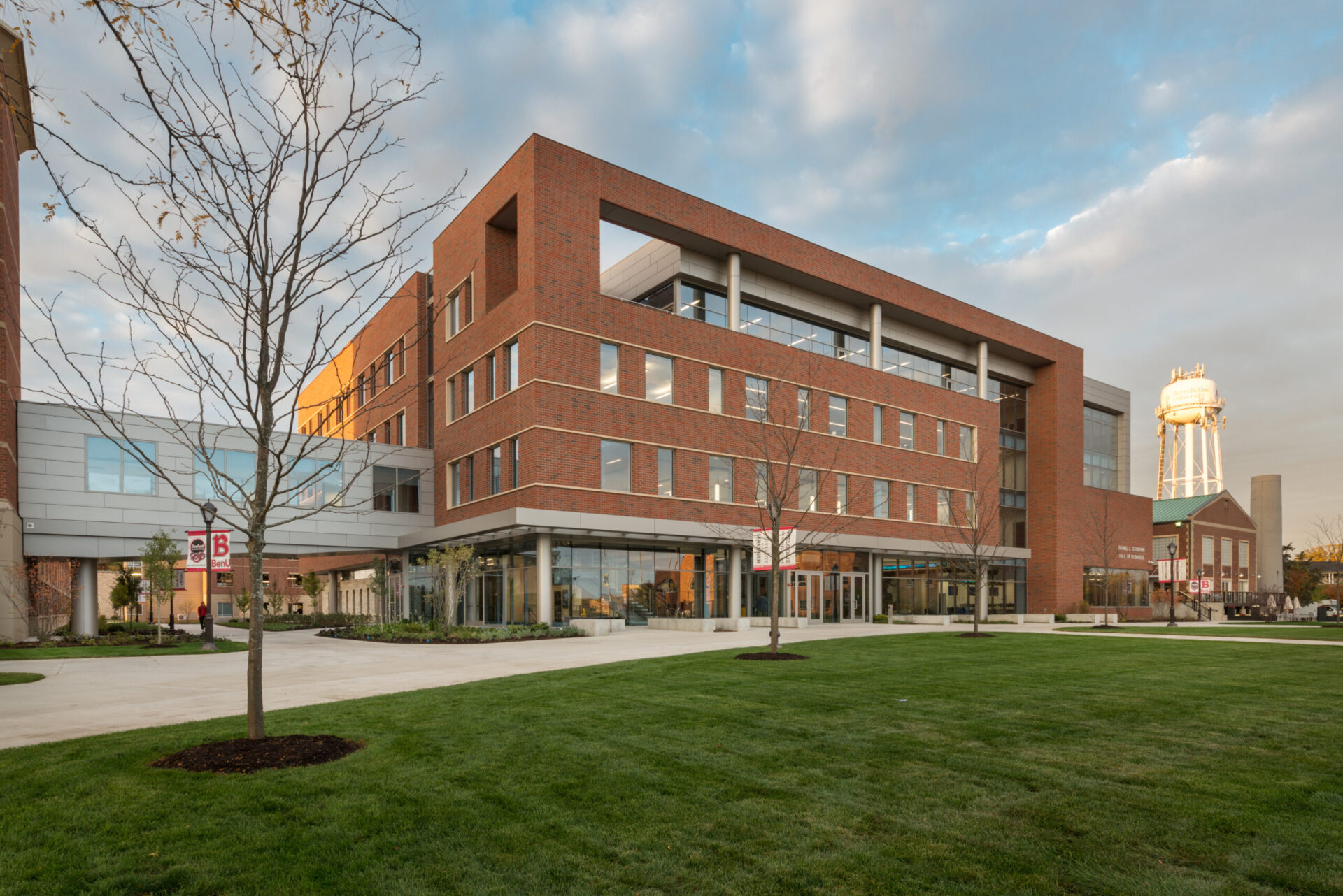 Goodwin Hall with watertower, campus, building from quad