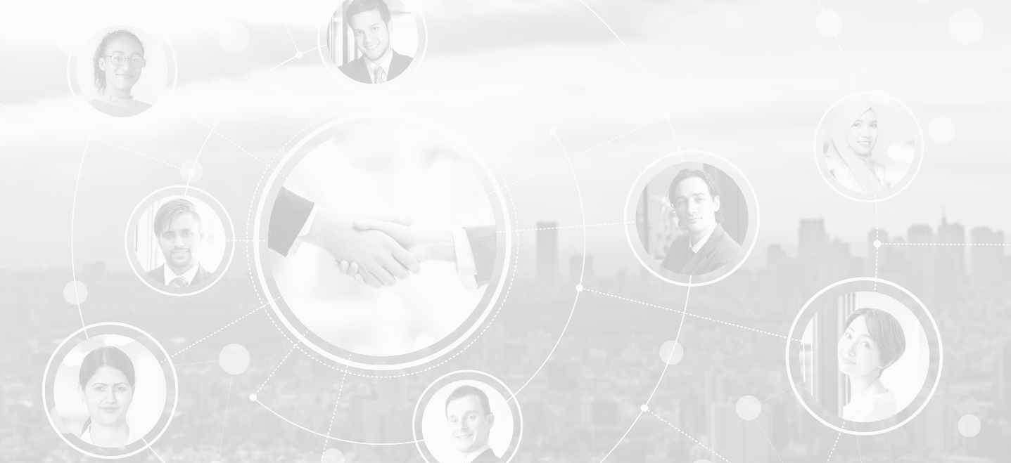 background of big city, circles containing images of people and one larger image of shaking hands, all connected in circles, image has white overlay; international business and economics