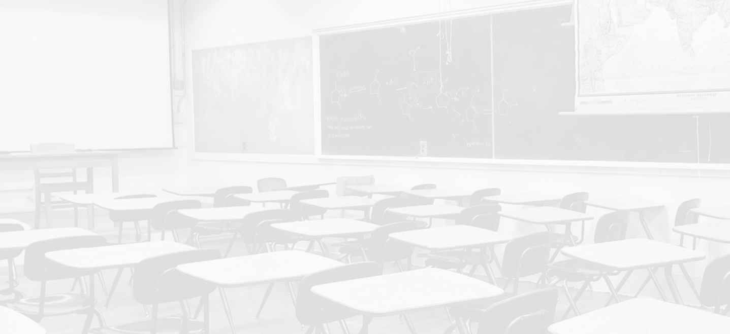 Classroom photo of tables, chairs and blackboards on the side wall, Secondary Education background with white overlay
