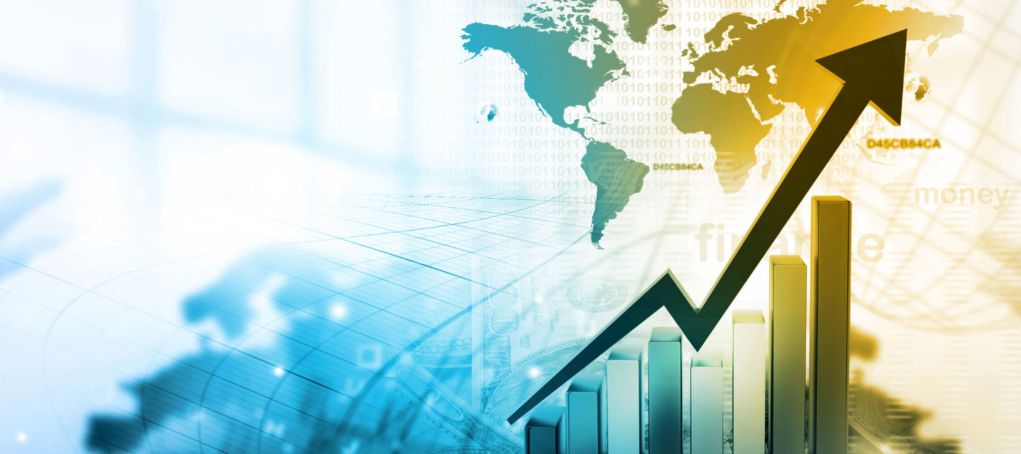 colorful graphic with arrow above chart trending upward, world map and globe in background; Business and economics