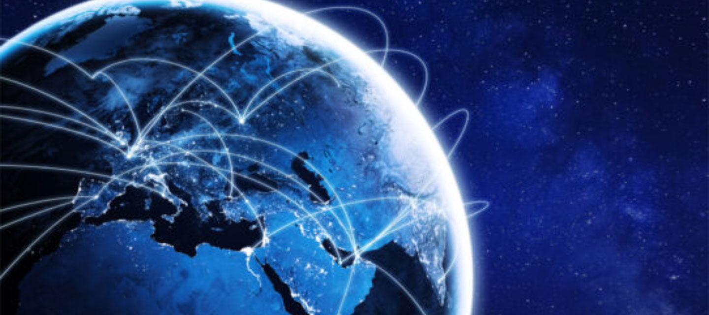 picture of the globe with arching technology lines going from point to point around the globe; global studies