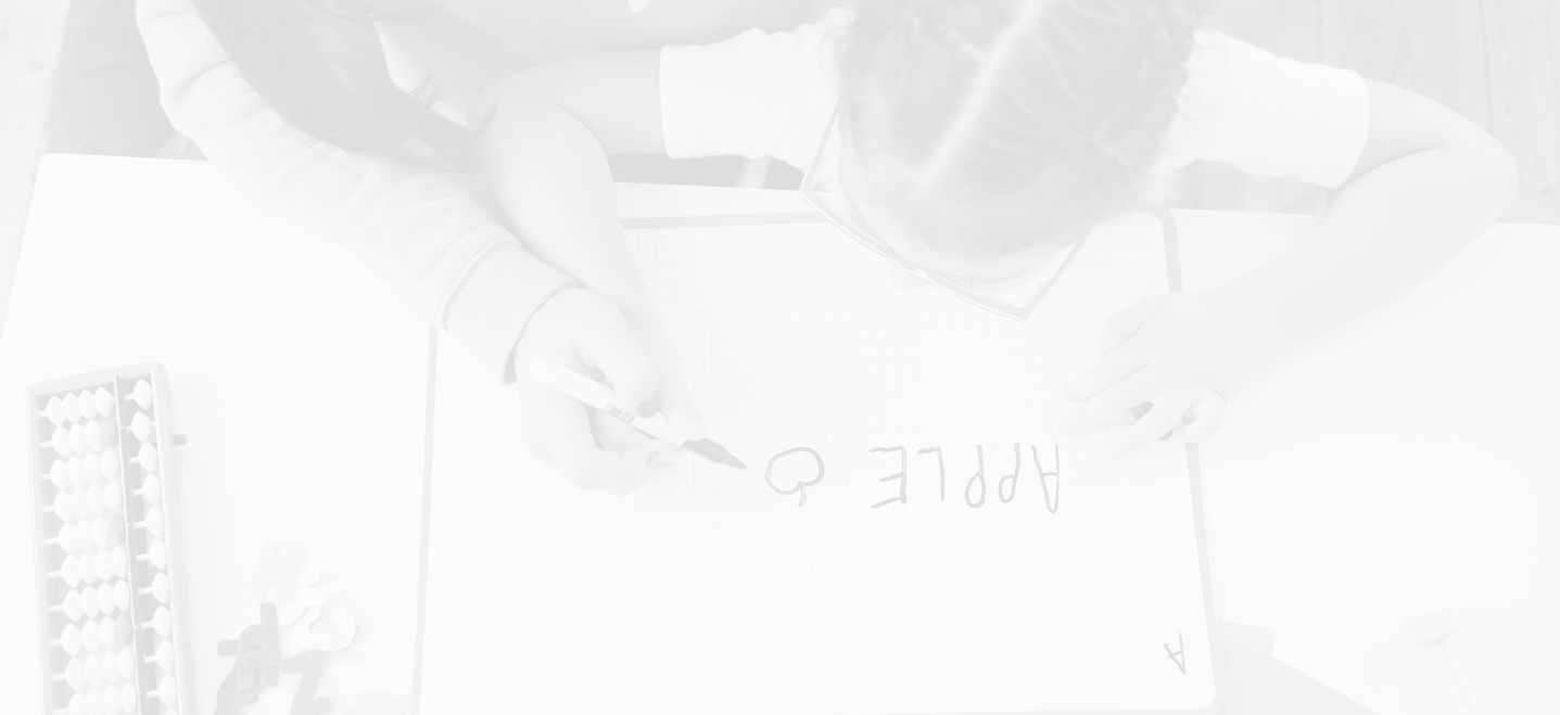 Elementary school student writing and drawing with help from teacher; image has white overlay; elementary education