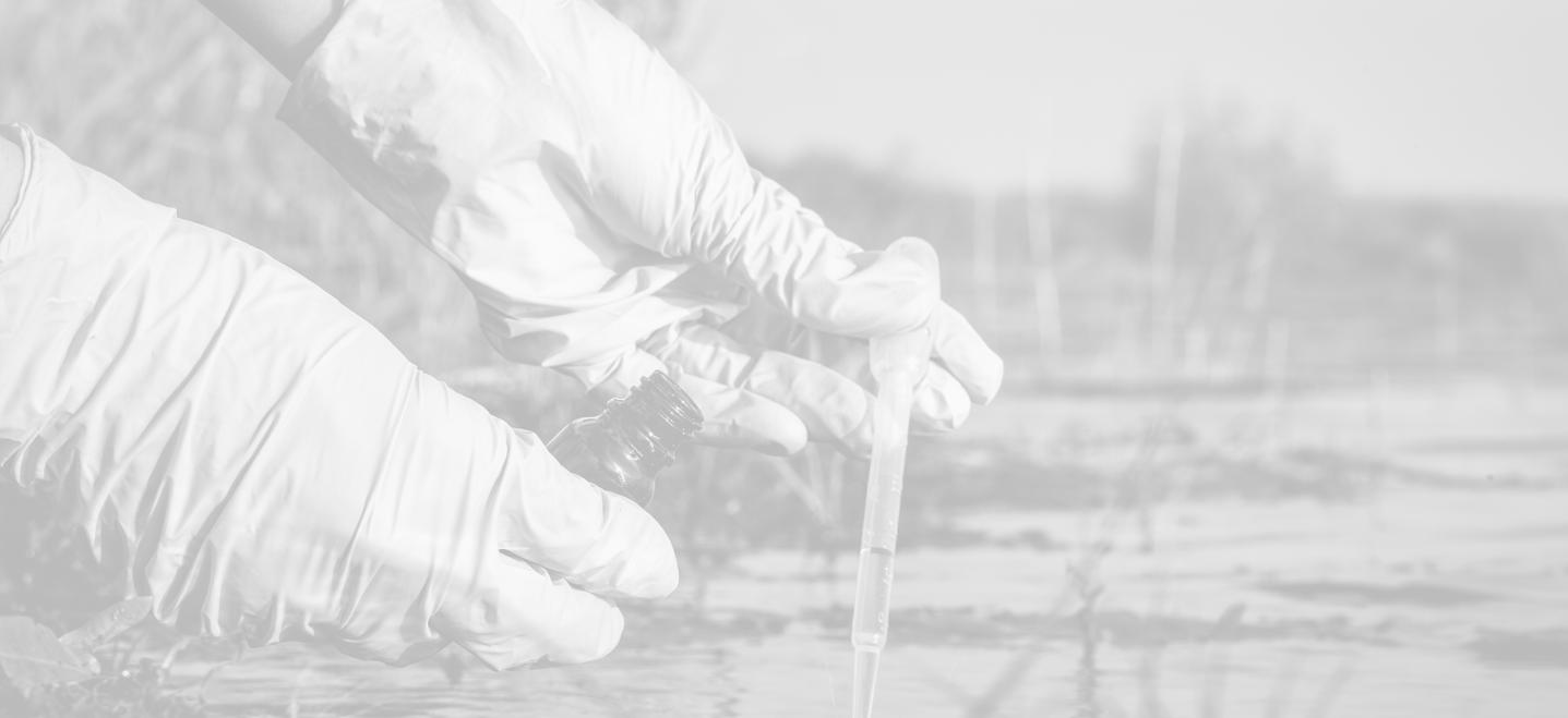 gloved hands holding a pipet to put lake water into a bottle, image has a white overlay; environmental science