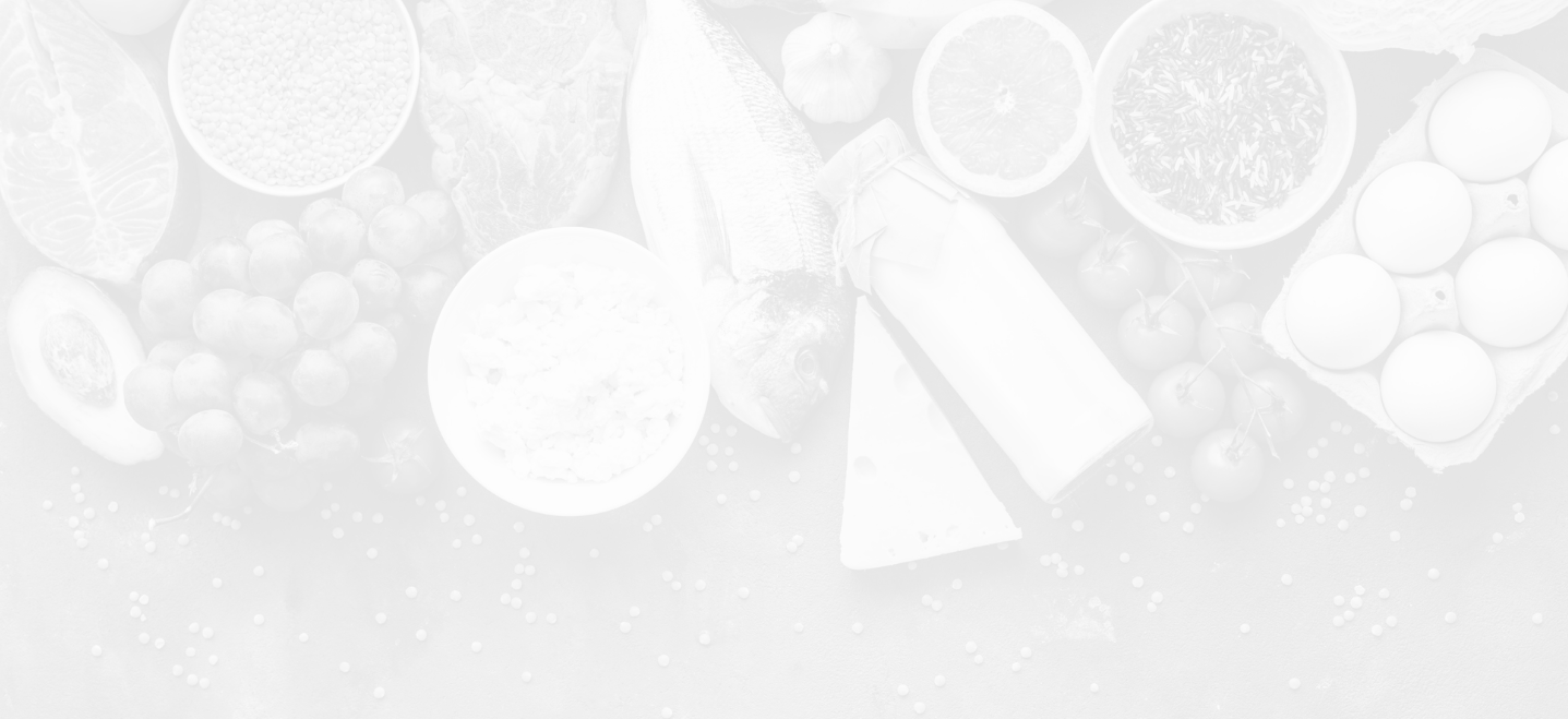 table of food laid out in a row, image has white overlay; Nutrition and Dietetics MS program