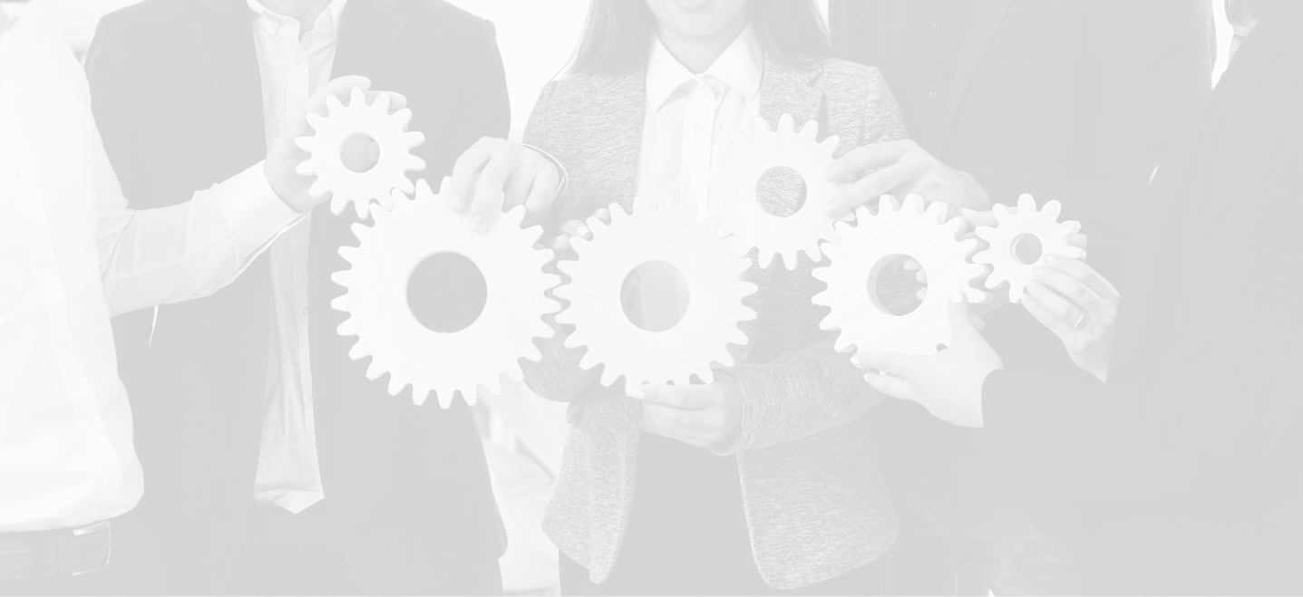 group of professionals holding gears together in front of them; Management program