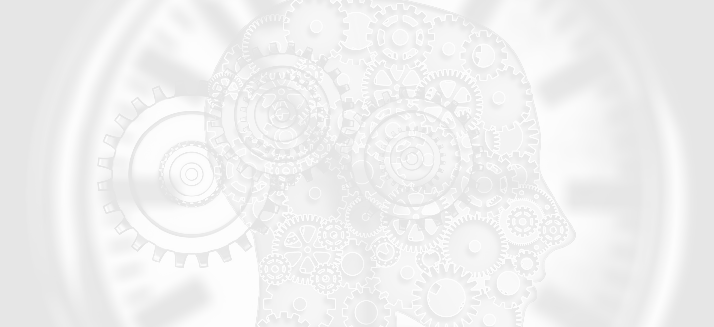 shape of a head profile with gears in the shape and around the shape, image has white overlay; psychology