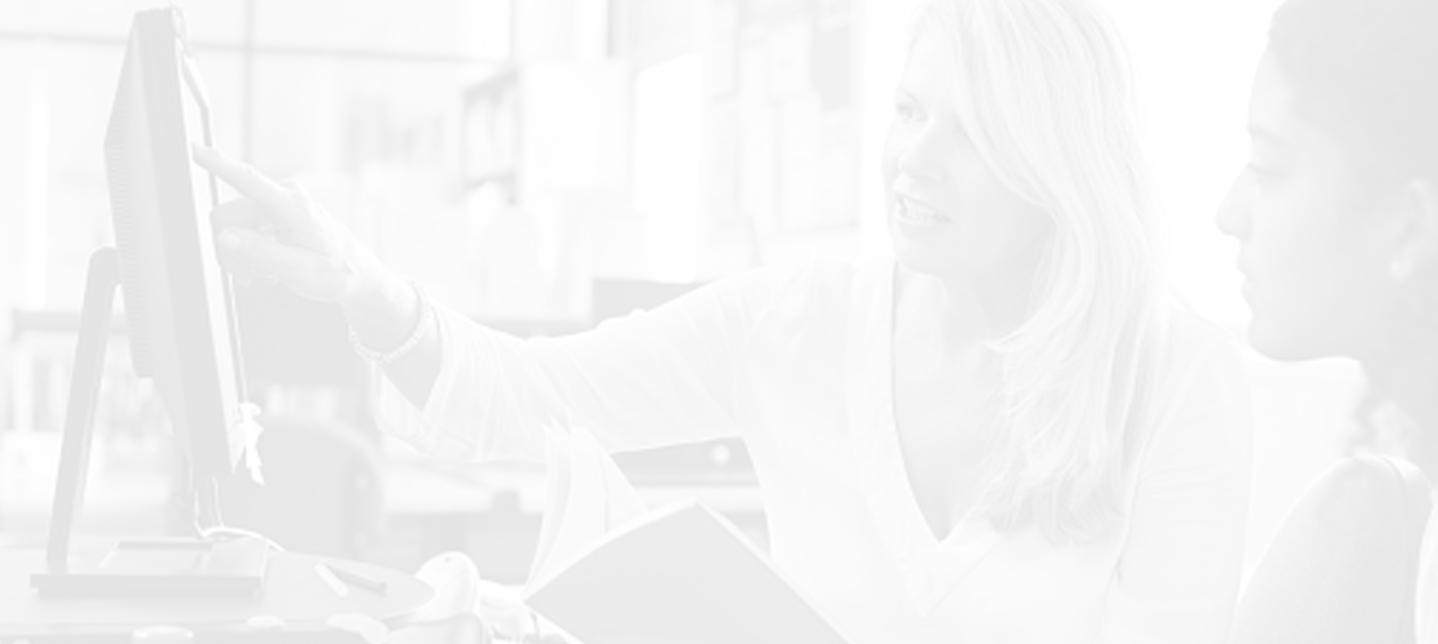 two female students looking at computer monitor, one pointing to it, image has heavy white overlay; parent and family engagement