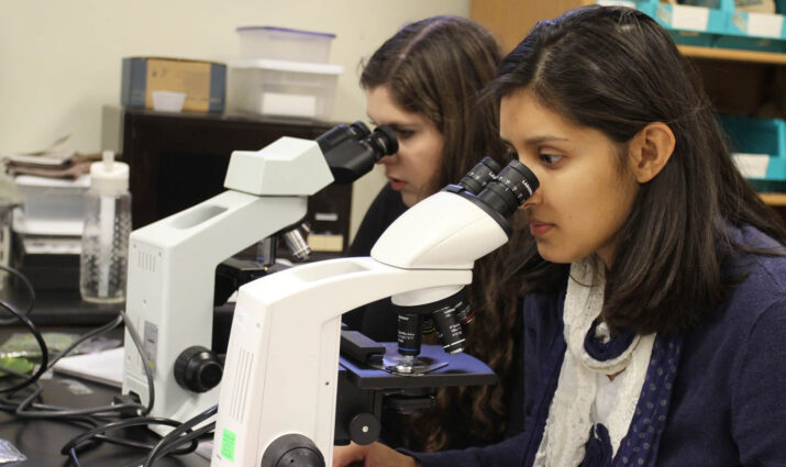 female biology students using microscopes