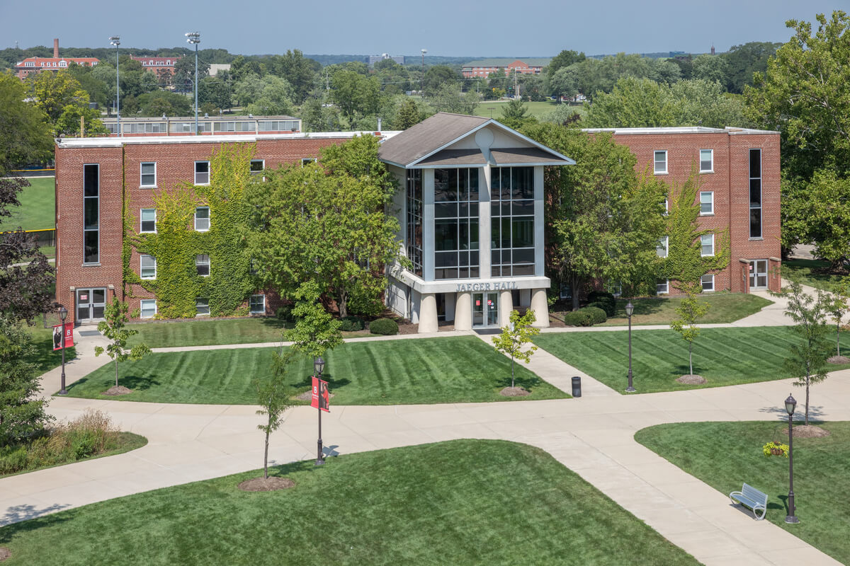 Aerial view of Jaeger Hall and quad, Lisle campus