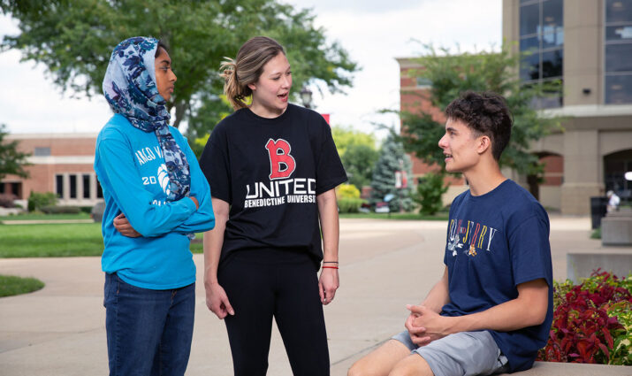Orientation Leaders, students talking on Lisle campus